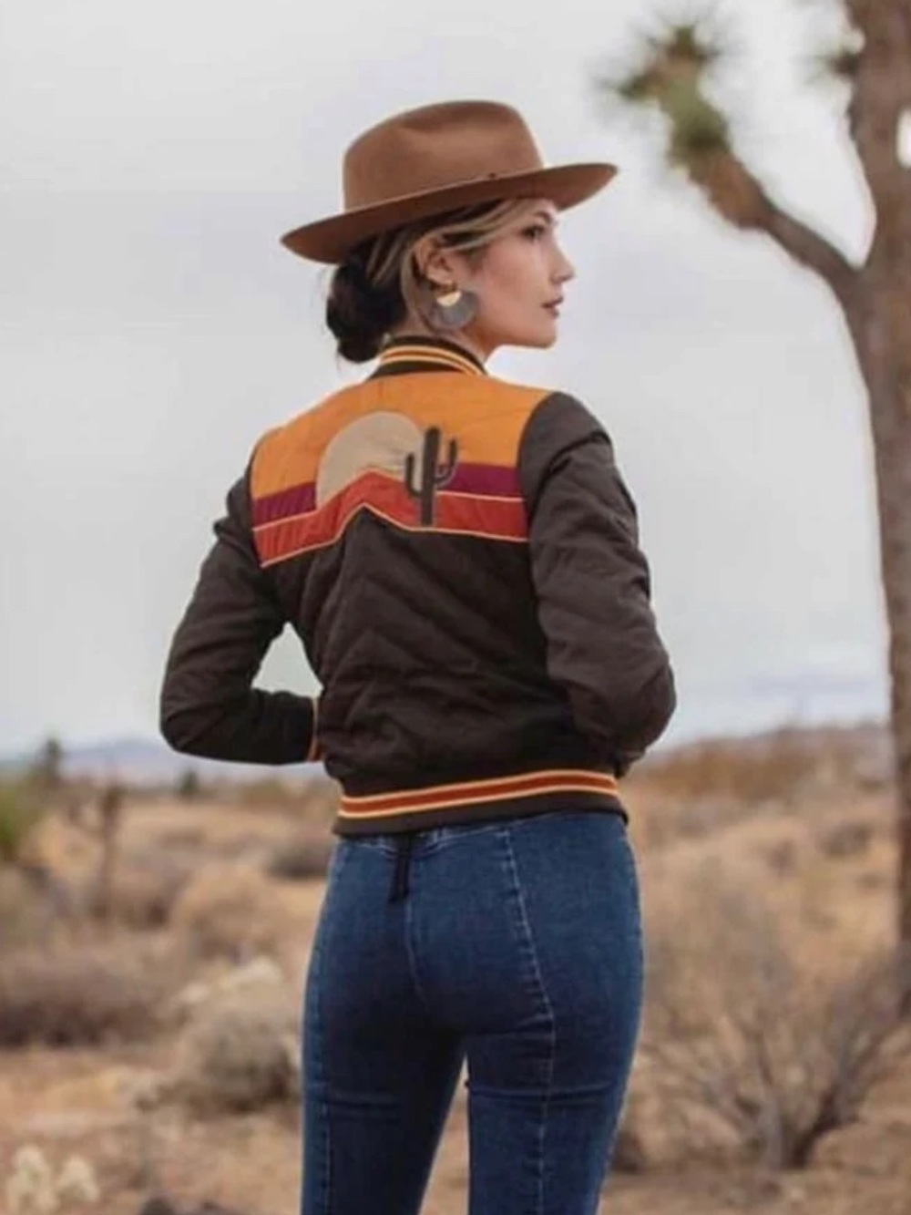 Classic Rock Couture Sonoran Sunrise Bomber Jacket - Brown & Orange retro cool
